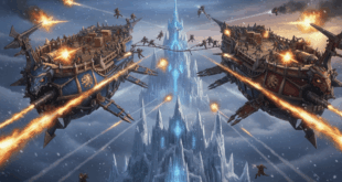 Alliance and Horde gunships battling in ICC aerial combat