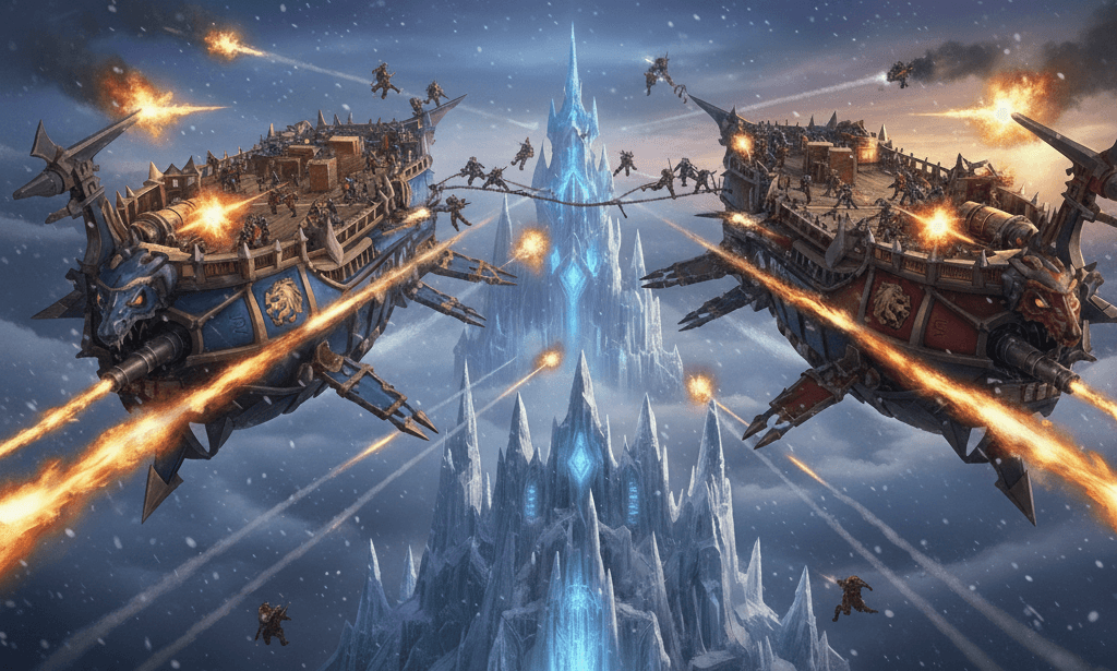 Alliance and Horde gunships battling in ICC aerial combat