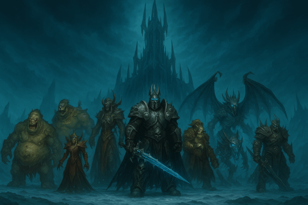 Comprehensive visual map displaying all 12 Icecrown Citadel raid bosses organized by their respective wings: Lower Spire (Lord Marrowgar, Lady Deathwhisper, Gunship Battle, Deathbringer Saurfang), Plagueworks (Festergut, Rotface, Professor Putricide), Crimson Hall (Blood Prince Council, Blood-Queen Lana'thel), Frostwing Halls (Valithria Dreamwalker, Sindragosa), and Frozen Throne (The Lich King) showing difficulty progression in WotLK Classic