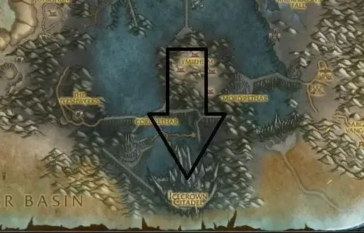 Icecrown Citadel entrance location at coordinates 59,79 in southern Icecrown, showing the massive spire landmark and nearby flight path for level 80 raiders in WotLK Classic