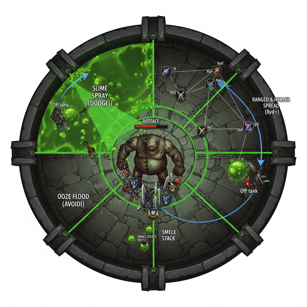 Diagram showing Rotface ooze kiting strategy and raid positioning.