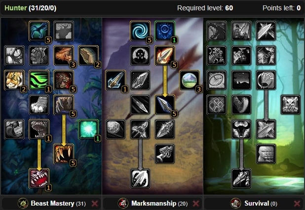 WoW Classic Beast Mastery Hunter Leveling Talent Tree Builds