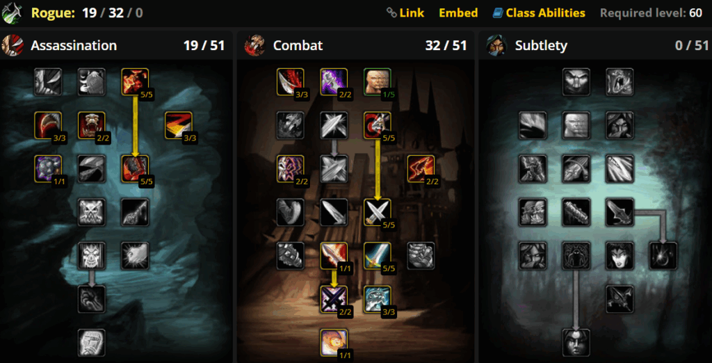 Combat Rogue Sword PvP Talent Tree