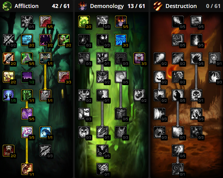 tbc classic affliction warlock leveling talent builds